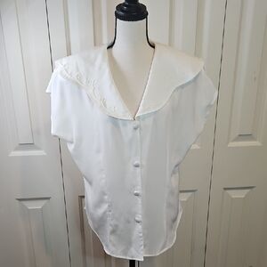 Design Elements By Impressions Chic White Women's Blouse Embroidered Collar Vtg
